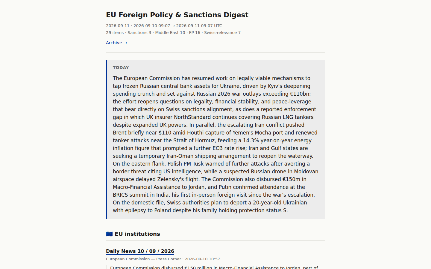 The bxl_eda_worker digest homepage: EU Foreign Policy & Sanctions Digest with a headline synthesis paragraph and item counts by category.