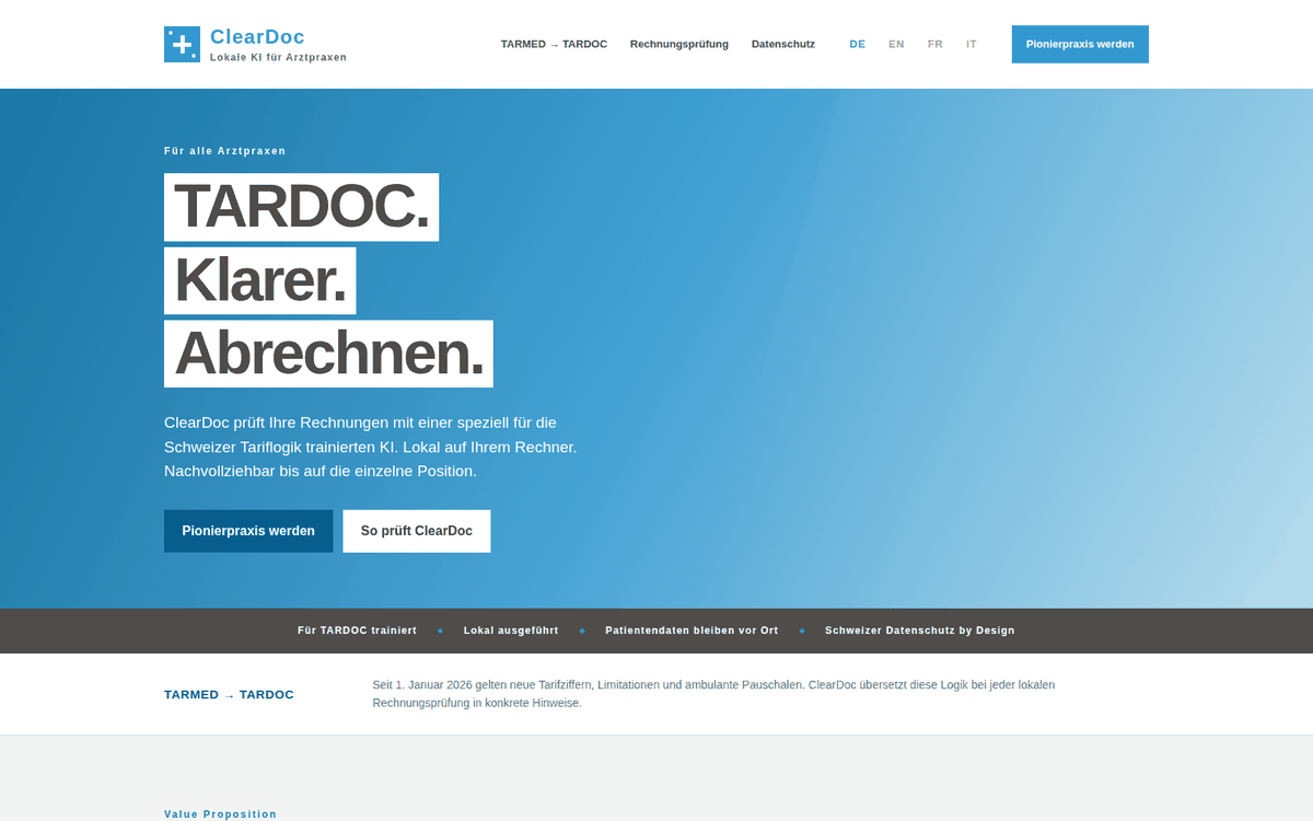 Screenshot of the cleardoc live site's header and hero section.